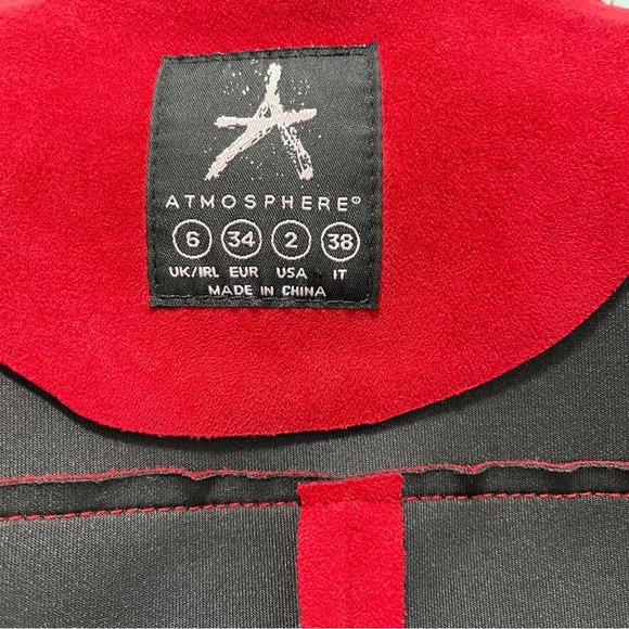 Red Faux Suede Stretch Snap Close Coat Collarless Jacket Pockets Travel - Picture 10 of 16